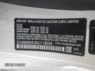 2019 Rolls-Royce Dawn z VIN SCA666D53KU118094, wystawiony jako Copart lot #81755734 z przebiegiem 10 378 mil mil oraz Szkody całkowita. Historia ofert i sprzedaży dostępna na DreamBid. Obrazek 14.