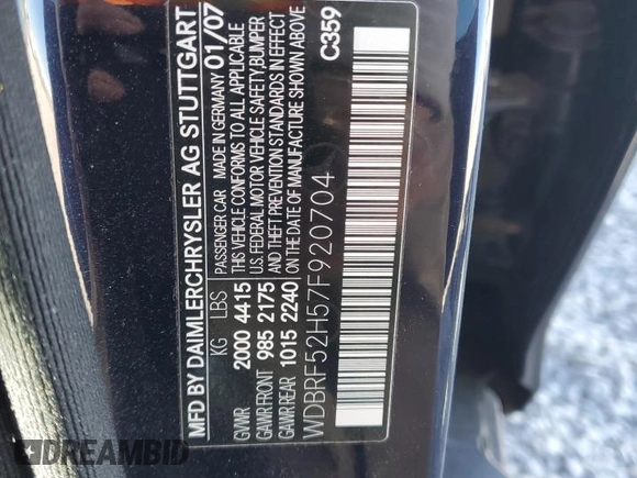 2007 Mercedes-Benz C 230 Sport with VIN WDBRF52H57F920704, listed as a Copart auction lot 41866955 with 93,551 mi miles and Salvage title. Bid and sale history available at DreamBid. Image 15.