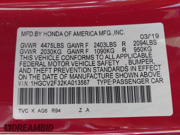 2019 Honda Accord Sport with VIN 1HGCV2F32KA013567, listed as a IAAI auction lot 42493535 with 96,380 mi miles and . Bid and sale history available at DreamBid. Image 9.
