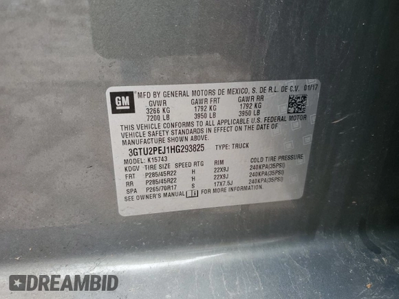 2017 GMC Sierra 1500 Denali z VIN 3GTU2PEJ1HG293825, wystawiony jako Copart lot #56851725 z przebiegiem 91 439 mil mil oraz Szkoda całkowita • Salvage title. Historia ofert i sprzedaży dostępna na DreamBid. Obrazek 12.