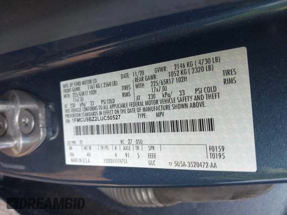 2020 Ford Escape SE Sport Hybrid with VIN 1FMCU9BZ2LUC50527, listed as a IAAI auction lot 41816035 with 84,533 mi miles and . Bid and sale history available at DreamBid. Image 9.