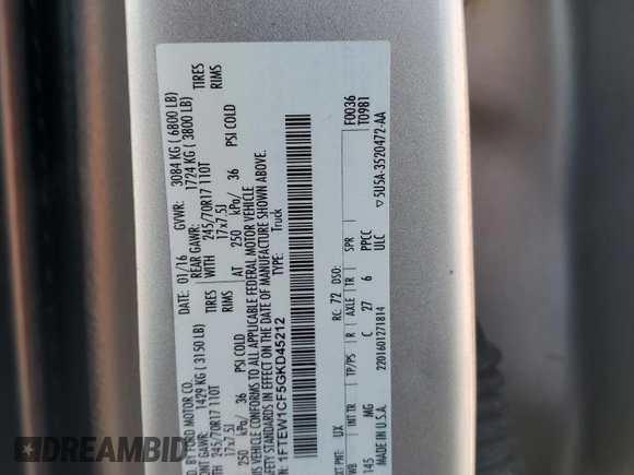 2016 Ford F-150 XL с VIN 1FTEW1CF5GKD45212, выставлен на аукционе Copart как лот 63105005 с пробегом 108 041 миль миль и Списание • Salvage title. История ставок и продаж доступна на DreamBid. Изображение 13.