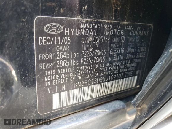 2006 Hyundai Santa Fe GLS with VIN KM8SC13D96U102107, listed as a Copart auction lot 55525594 with 198,741 mi miles and Salvage Title. Bid and sale history available at carsss.com. Image 12.