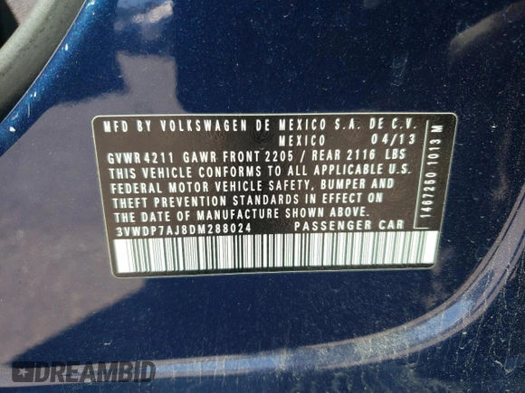 2013 Volkswagen Jetta SE z VIN 3VWDP7AJ8DM288024, wystawiony jako Copart lot #49385335 z przebiegiem 109 439 mil mil oraz Szkoda całkowita • Salvage title. Historia ofert i sprzedaży dostępna na DreamBid. Obrazek 12.