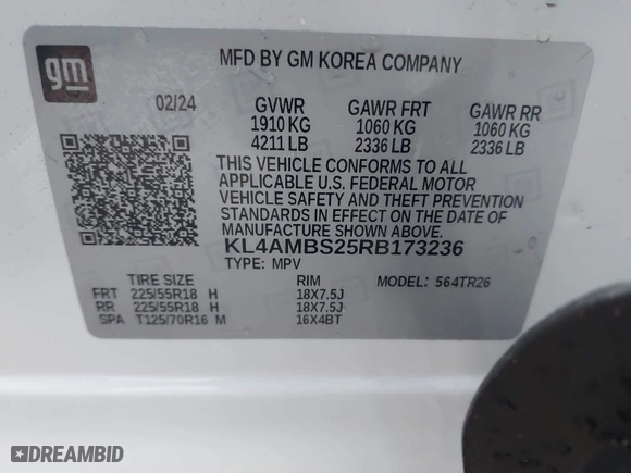 2024 Buick Encore GX Preferred with VIN KL4AMBS25RB173236, listed as a IAAI auction lot 41586655 with 4,476 mi miles. Bid and sale history available at carsss.com. Image 9.