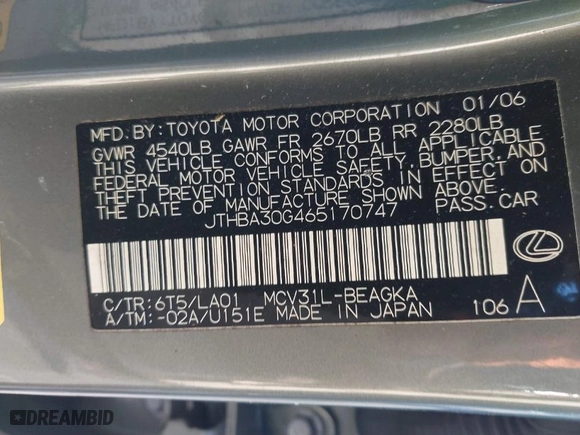 2006 Lexus ES 330 with VIN JTHBA30G465170747, listed as a IAAI auction lot 41776658 with 335,686 mi miles. Bid and sale history available at carsss.com. Image 9.