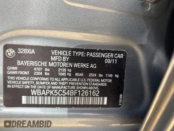 2011 BMW 3 Series 328i xDrive with VIN WBAPK5C54BF126162, listed as a Copart auction lot 65739865 with 106,897 mi miles and Clean title. Bid and sale history available at DreamBid. Image 10.