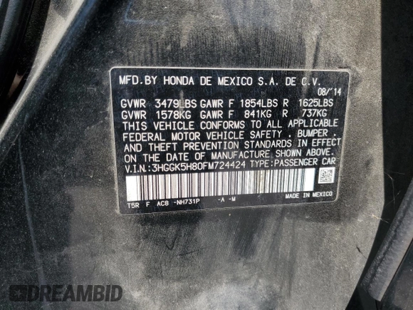 2015 Honda Fit EX-L with VIN 3HGGK5H80FM724424, listed as a Copart auction lot 61461995 with 93,066 mi miles and Salvage title. Bid and sale history available at DreamBid. Image 12.