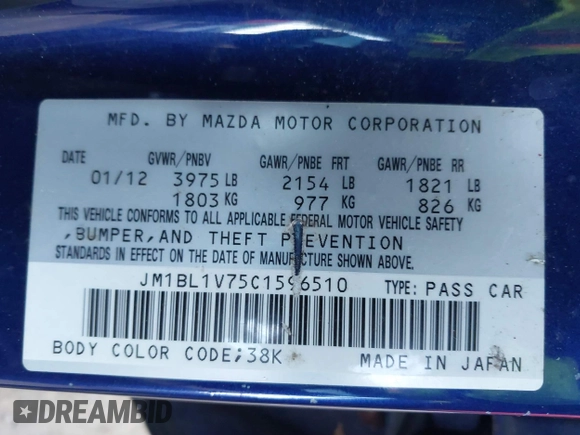 2012 Mazda 3 i Touring with VIN JM1BL1V75C1596510, listed as a IAAI auction lot 41341945 with 103,621 mi miles and . Bid and sale history available at DreamBid. Image 9.