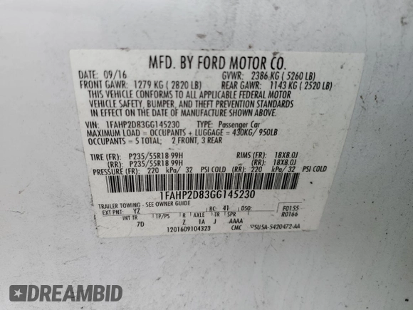 2016 Ford Taurus SE с VIN 1FAHP2D83GG145230, выставлен на аукционе Copart как лот 51527955 с пробегом 121 003 миль миль и Списание • Salvage title. История ставок и продаж доступна на DreamBid. Изображение 12.