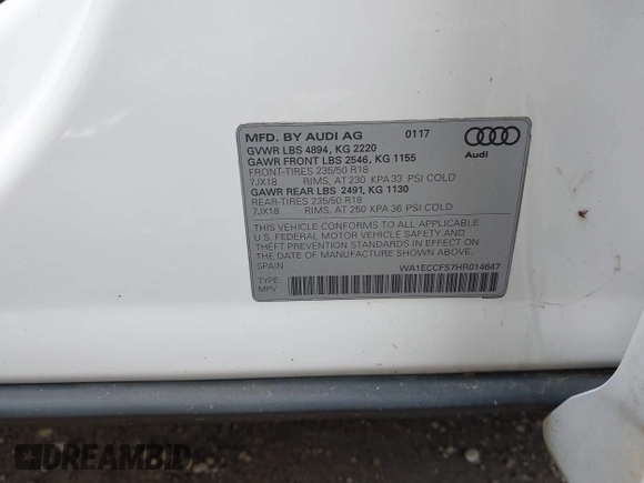 2017 Audi Q3 Premium with VIN WA1ECCFS7HR014647, listed as a IAAI auction lot 42023588 with 211,948 mi miles. Bid and sale history available at carsss.com. Image 9.