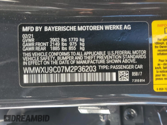 2021 MINI Hardtop 4 Door Cooper S with VIN WMWXU9C07M2P36203, listed as a Copart auction lot 50812605 with 87,852 mi miles and Non repairable. Bid and sale history available at DreamBid. Image 13.