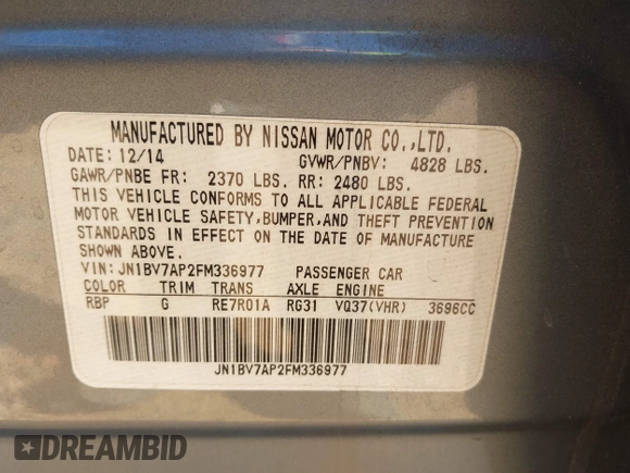 2015 Infiniti Q50 Premium with VIN JN1BV7AP2FM336977, listed as a IAAI auction lot 41782699 with 103,031 mi miles. Bid and sale history available at carsss.com. Image 9.
