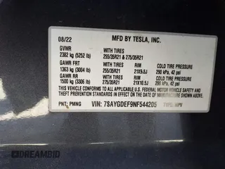 2022 Tesla Model Y Performance with VIN 7SAYGDEF9NF544205, listed as a IAAI auction lot 41825453 with 33,039 mi miles and . Bid and sale history available at DreamBid. Image 9.
