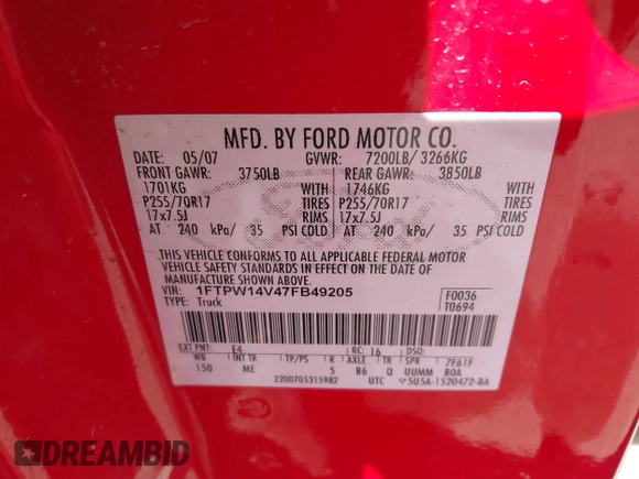 2007 Ford F-150 XLT z VIN 1FTPW14V47FB49205, wystawiony jako IAAI lot #41830239 z przebiegiem 194 814 mil mil oraz . Historia ofert i sprzedaży dostępna na DreamBid. Obrazek 9.