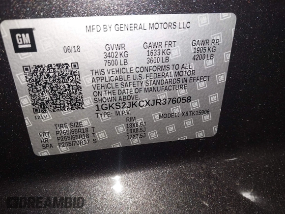 2018 GMC Yukon XL SLT Standard Edition with VIN 1GKS2JKCXJR376058, listed as a IAAI auction lot 41507544 with 110,299 mi miles. Bid and sale history available at carsss.com. Image 9.