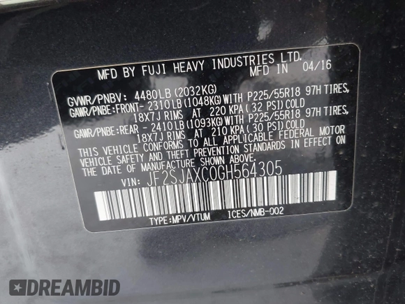 2016 Subaru Forester Touring with VIN JF2SJAXC0GH564305, listed as a IAAI auction lot 42111356 with 75,529 mi miles and . Bid and sale history available at DreamBid. Image 9.