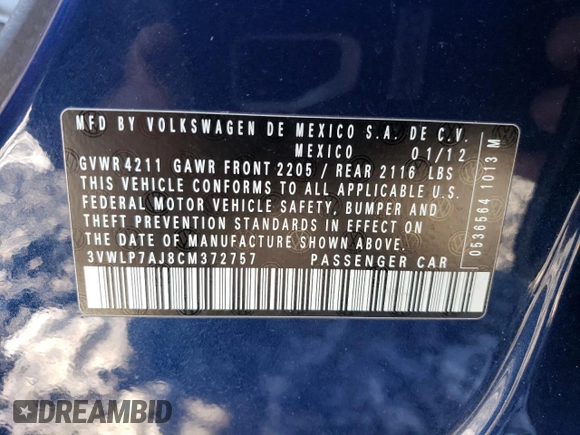 2012 Volkswagen Jetta SEL with VIN 3VWLP7AJ8CM372757, listed as a Copart auction lot 44058775 with 105,090 mi miles and Salvage title. Bid and sale history available at DreamBid. Image 13.