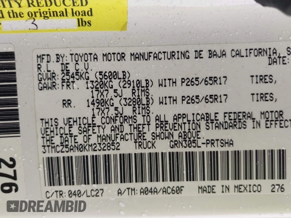 2019 Toyota Tacoma SR z VIN 3TMCZ5AN0KM232852, wystawiony jako IAAI lot #42178269 z przebiegiem 71 545 mil mil oraz . Historia ofert i sprzedaży dostępna na DreamBid. Obrazek 9.