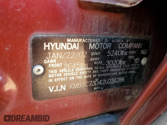 2002 Hyundai Santa Fe GLS with VIN KM8SC73D42U231286, listed as a Copart auction lot 71290624 with 187,534 mi miles and Salvage Title. Bid and sale history available at carsss.com. Image 15.
