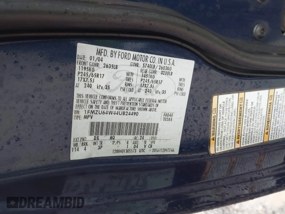 2004 Ford Explorer Eddie Bauer with VIN 1FMZU64W44UB24490, listed as a IAAI auction lot 41566298 with 119,126 mi miles and . Bid and sale history available at DreamBid. Image 9.