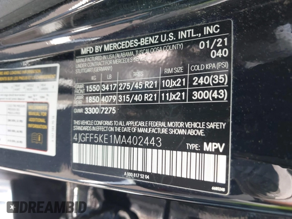 2021 Mercedes-Benz GLS 450 с VIN 4JGFF5KE1MA402443, выставлен на аукционе IAAI как лот 41994887 с пробегом 72 102 миль миль и . История ставок и продаж доступна на DreamBid. Изображение 9.