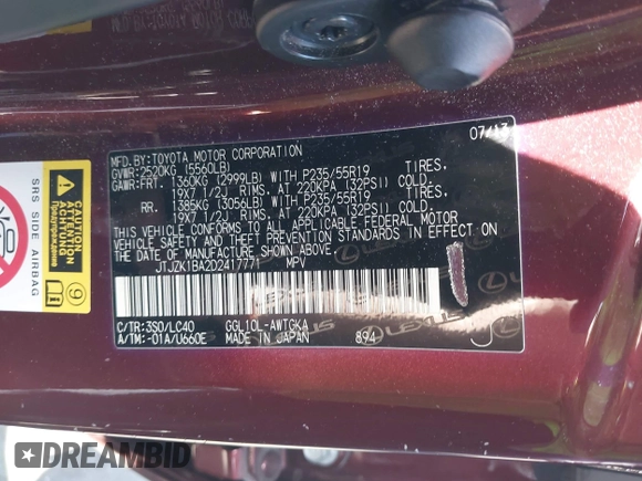 2013 Lexus RX 350 with VIN JTJZK1BA2D2417771, listed as a IAAI auction lot 42339010 with 110,136 mi miles and . Bid and sale history available at DreamBid. Image 9.
