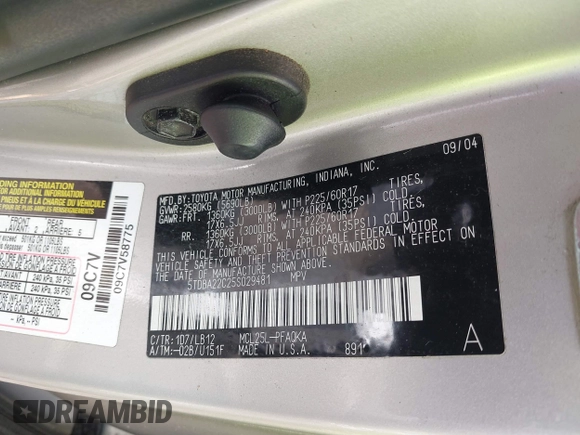 2005 Toyota Sienna XLE with VIN 5TDBA22C25S029481, listed as a IAAI auction lot 41970856 with Not Provided miles and . Bid and sale history available at DreamBid. Image 9.