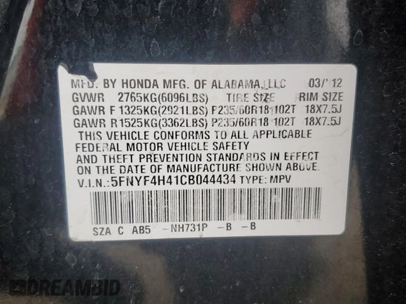 2012 Honda Pilot EX with VIN 5FNYF4H41CB044434, listed as a Copart auction lot 49138695 with 127,872 mi miles and Salvage Title. Bid and sale history available at DreamBid. Image 13.