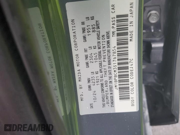 2025 Mazda 3 S Carbon Edition with VIN JM1BPBCM3S1767854, listed as a Copart auction lot 43643335 with 1,065 mi miles and Salvage Title. Bid and sale history available at DreamBid. Image 12.