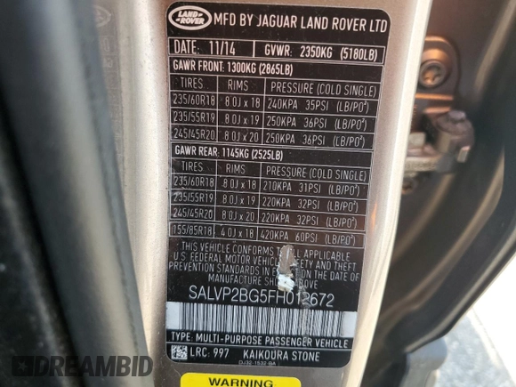 2015 Land Rover Range Rover Evoque Pure Plus with VIN SALVP2BG5FH012672, listed as a Copart auction lot 63249055 with 122,693 mi miles and Salvage title. Bid and sale history available at DreamBid. Image 13.