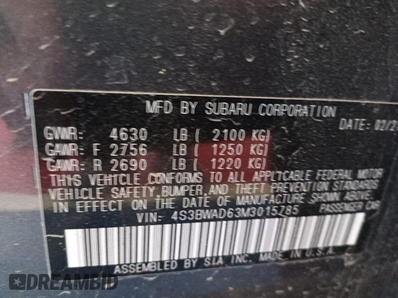 2021 Subaru Legacy Premium with VIN 4S3BWAD63M3015785, listed as a IAAI auction lot 42624946 with 108,533 mi miles and . Bid and sale history available at DreamBid. Image 13.