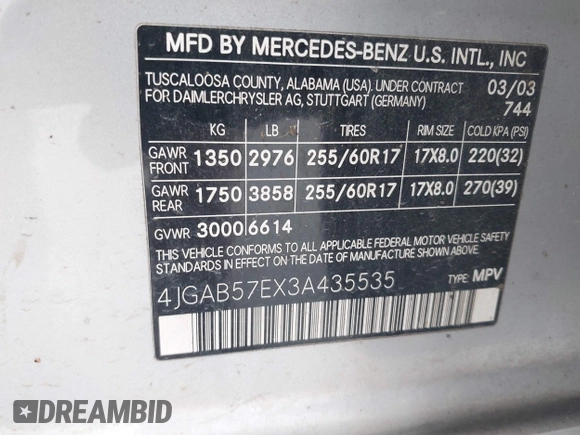 2003 Mercedes-Benz M 350 with VIN 4JGAB57EX3A435535, listed as a IAAI auction lot 42099551 with 205,226 mi miles and . Bid and sale history available at DreamBid. Image 9.