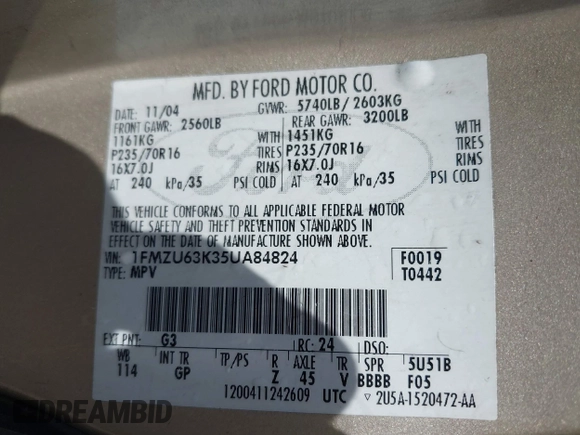 2005 Ford Explorer XLT с VIN 1FMZU63K35UA84824, выставлен на аукционе IAAI как лот 42749571 с пробегом 144 677 миль миль и . История ставок и продаж доступна на DreamBid. Изображение 9.