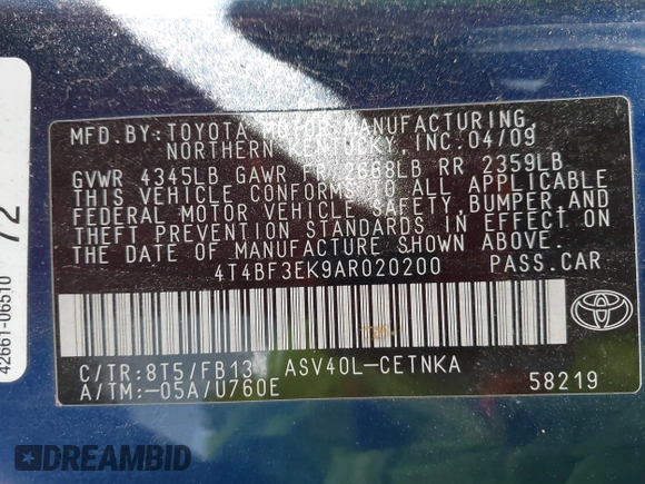 2010 Toyota Camry with VIN 4T4BF3EK9AR020200, listed as a IAAI auction lot 42160372 with 189,291 mi miles and . Bid and sale history available at DreamBid. Image 9.