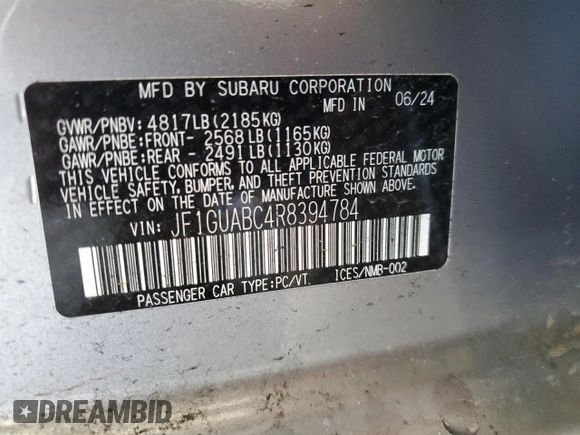 2024 Subaru Impreza with VIN JF1GUABC4R8394784, listed as a Copart auction lot 84543234 with 5,191 mi miles and Salvage Title. Bid and sale history available at carsss.com. Image 13.