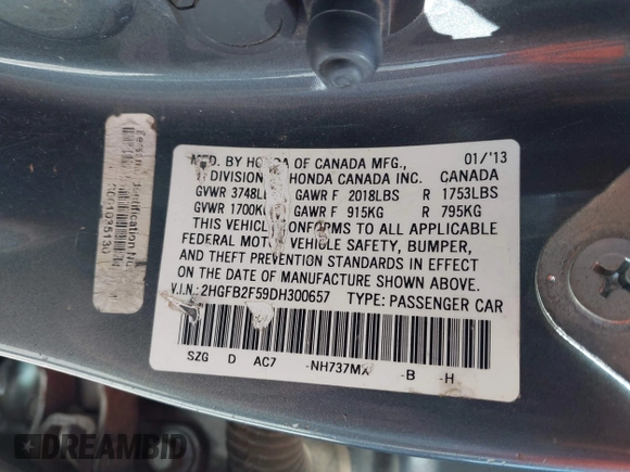 2013 Honda Civic LX with VIN 2HGFB2F59DH300657, listed as a IAAI auction lot 42111248 with Not Provided miles and . Bid and sale history available at DreamBid. Image 9.