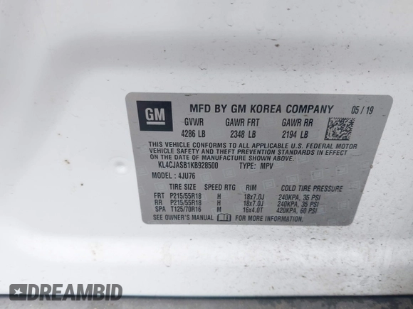 2019 Buick Encore Preferred with VIN KL4CJASB1KB928500, listed as a IAAI auction lot 41904681 with 38,986 mi miles and . Bid and sale history available at DreamBid. Image 9.