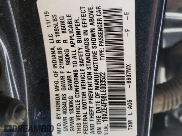 2020 Honda Insight Touring with VIN 19XZE4F98LE003522, listed as a Copart auction lot 51084565 with 73,763 mi miles and Salvage Title. Bid and sale history available at carsss.com. Image 12.