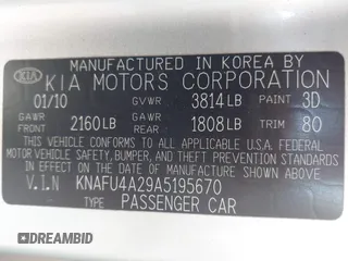 2010 Kia Forte EX with VIN KNAFU4A29A5195670, listed as a IAAI auction lot 42075961 with 160,648 mi miles. Bid and sale history available at carsss.com. Image 9.