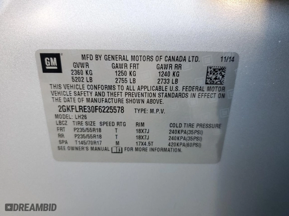 2015 GMC Terrain SLE with VIN 2GKFLRE30F6225578, listed as a Copart auction lot 87918005 with 114,768 mi miles and Clean Title. Bid and sale history available at carsss.com. Image 14.