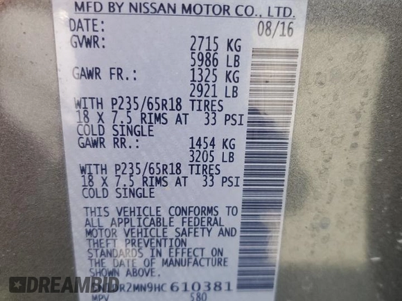 2017 Nissan Pathfinder Platinum z VIN 5N1DR2MN9HC610381, wystawiony jako Copart lot #60265265 z przebiegiem 137 901 mil mil oraz Szkoda całkowita • Salvage title. Historia ofert i sprzedaży dostępna na DreamBid. Obrazek 13.