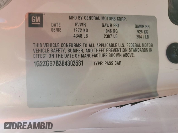 2008 Pontiac G6 with VIN 1G2ZG57B384303581, listed as a Copart auction lot 49899205 with 176,854 mi miles and Salvage Title. Bid and sale history available at carsss.com. Image 14.