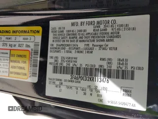 2019 Ford Fusion SEL with VIN 3FA6P0CD2KR113476, listed as a IAAI auction lot 41868614 with 86,650 mi miles. Bid and sale history available at carsss.com. Image 9.