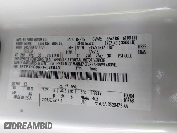 2015 Ford F-150 XL with VIN 1FTEX1C89FFC28643, listed as a IAAI auction lot 41740605 with 317,438 mi miles. Bid and sale history available at carsss.com. Image 9.