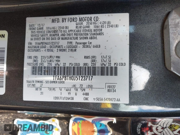 2018 Ford Mustang EcoBoost with VIN 1FA6P8TH0J5123717, listed as a IAAI auction lot 42542683 with 101,729 mi miles and . Bid and sale history available at DreamBid. Image 9.