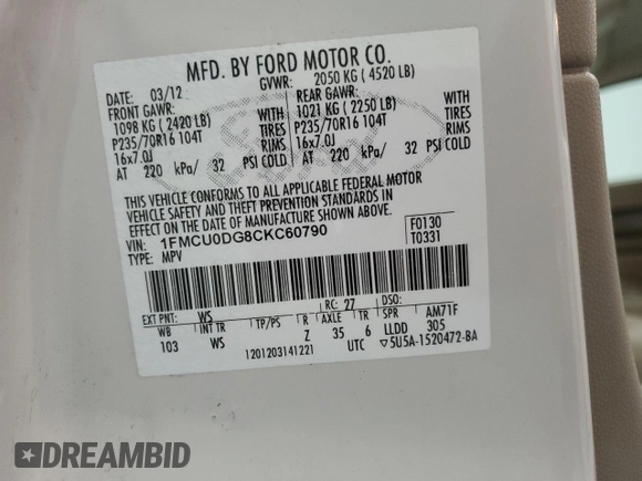 2012 Ford Escape XLT with VIN 1FMCU0DG8CKC60790, listed as a Copart auction lot 55331755 with 192,205 mi miles and Clean title. Bid and sale history available at DreamBid. Image 12.