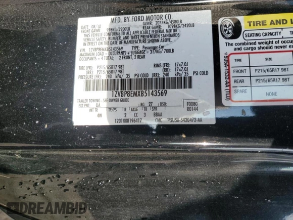 2011 Ford Mustang V6 with VIN 1ZVBP8EMXB5143569, listed as a Copart auction lot 60563695 with 233,975 mi miles and Salvage title. Bid and sale history available at DreamBid. Image 12.