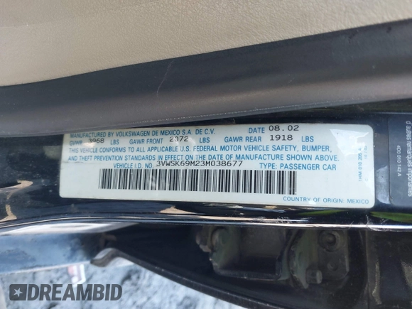 2003 Volkswagen Jetta GLS с VIN 3VWSK69M23M038677, выставлен на аукционе IAAI как лот 41760282 с пробегом 190 583 миль миль и . История ставок и продаж доступна на DreamBid. Изображение 9.
