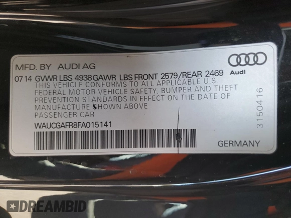 2015 Audi S5 Premium Plus with VIN WAUCGAFR8FA015141, listed as a Copart auction lot 47852075 with 76,513 mi miles and Salvage Title. Bid and sale history available at carsss.com. Image 12.
